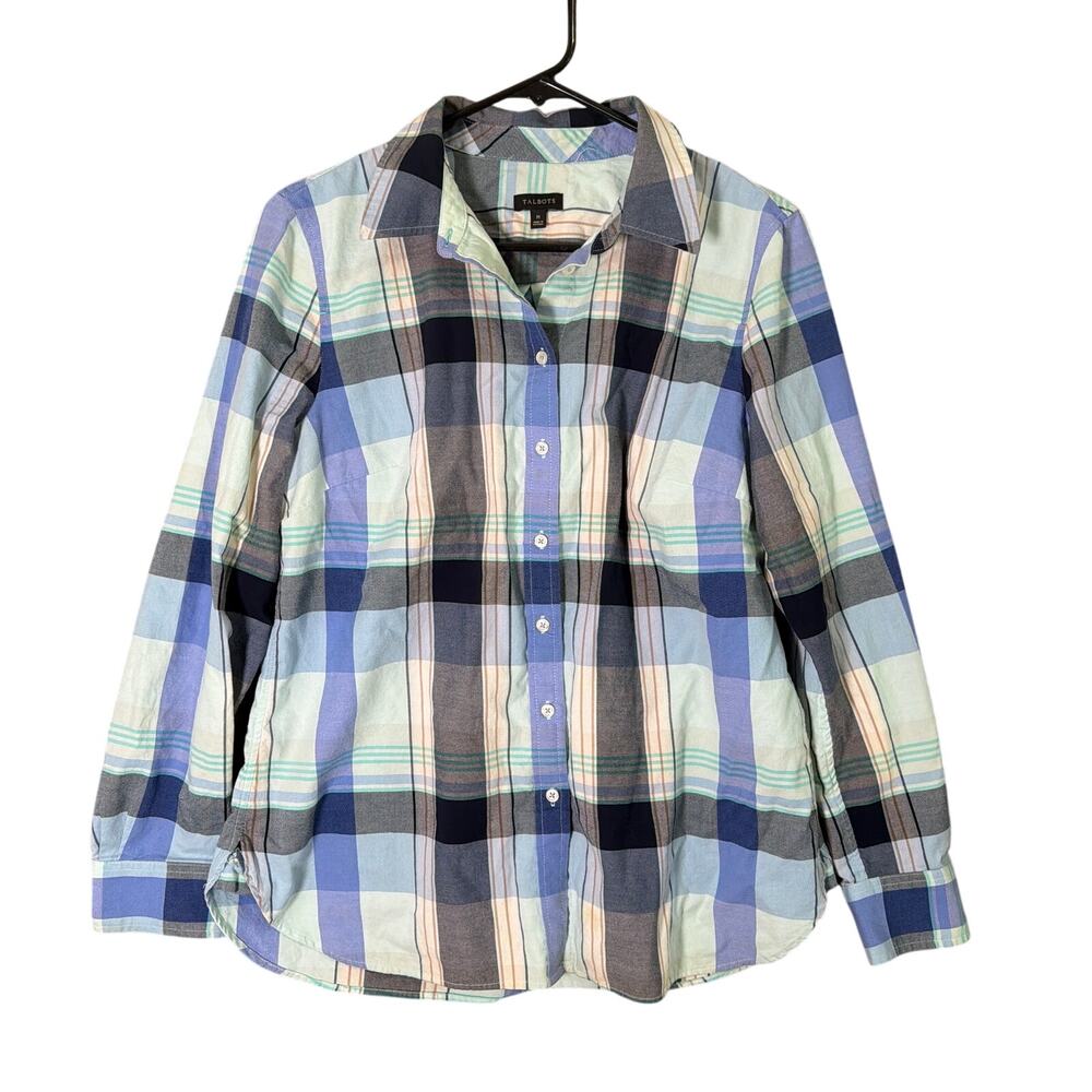 Talbots Womens Shirt Blue Multicolor Plaid Collared Soft Button Down Medium